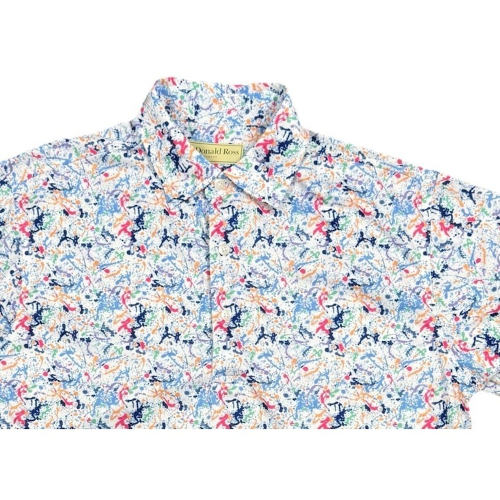 Donald Ross Polo Shirt Mens Small White Paint Splatter Abstract Logo Performance